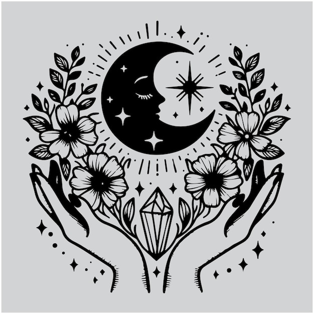 Magic Hans hold moon crystal and flowers boho logo template Feminine tattoo with simple botanical