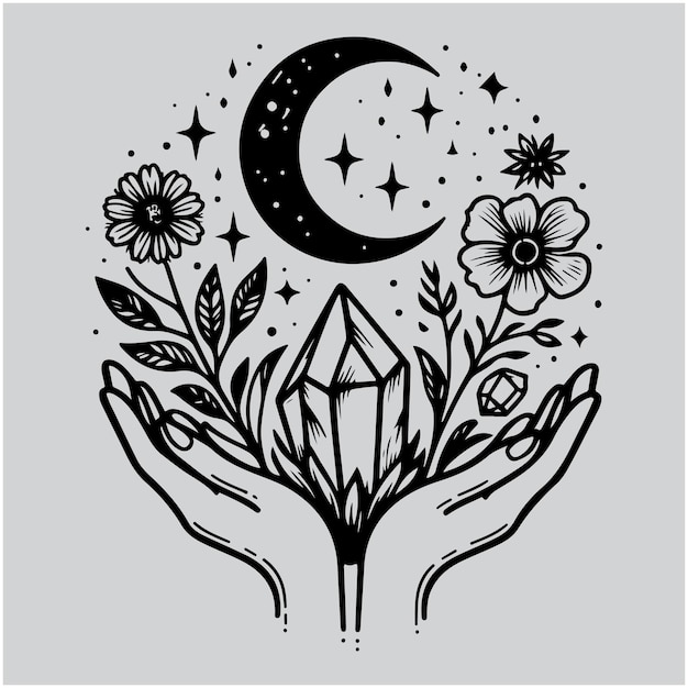 Magic Hans hold moon crystal and flowers boho logo template Feminine tattoo with simple botanical