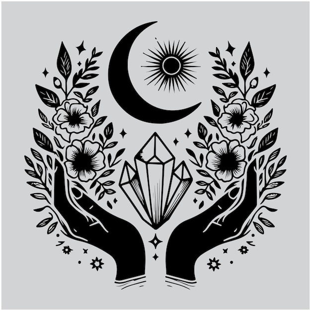 Magic Hans hold moon crystal and flowers boho logo template Feminine tattoo with simple botanical