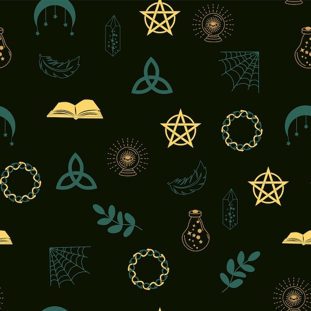 Magic and heaven seamless pattern with magical elements such as snake eye tarot cards hand skull potion moon butterfly mushrooms stars Symbols and elements of the witchcraft theme