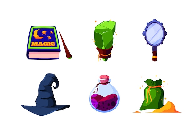 Magic items Glow wizard bottles and artifacts fantasy jewelry for magic spells fortune globe and crystal gems garish vector colorful set