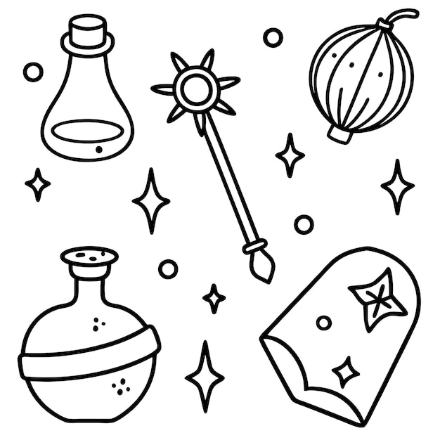 Vector magic items outline coloring book page line art drawing