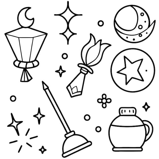 Vector magic items outline coloring book page line art drawing