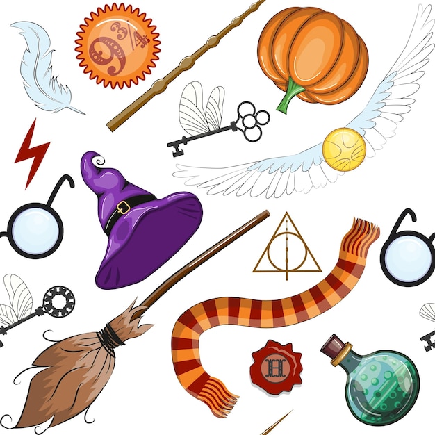 Vector magic items seamless pattern in flat style school of magic