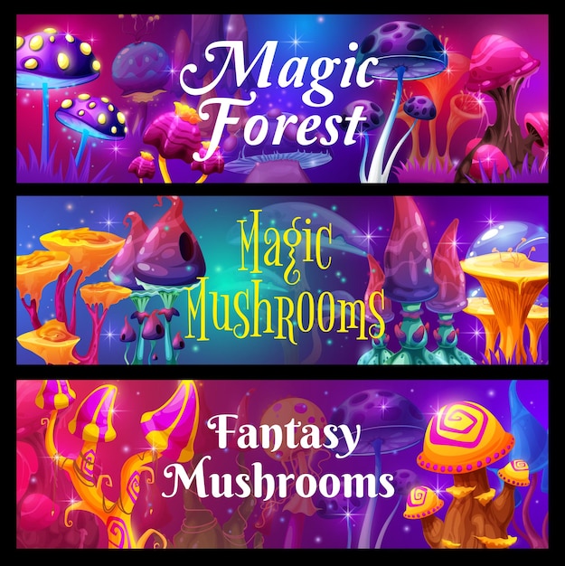 Magic luminous mushrooms in fairytale forest