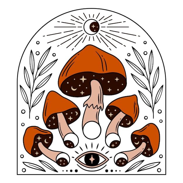 Magic mushrooms and moon phases for esoteric theme designs color vector illustration