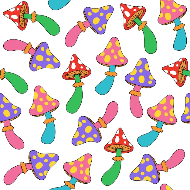 Magic mushrooms Seamless pattern  with psychedelic mushrooms Vibrant vector illustration