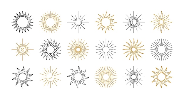 Magic and mystic sun and star ancient line symbols meditation elements Vector set