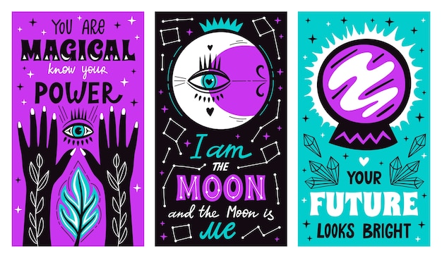 Magic mystical witch lettering posters with witchcraft hand drawn arms, moon, stars and future symbol.