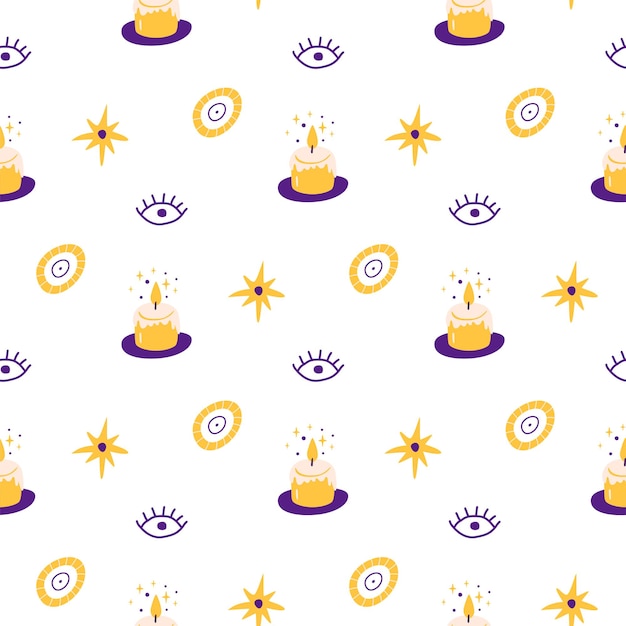 Magic pattern Kids mystical seamless pattern Candles eyes stars elements Cute celestial surface design Vector