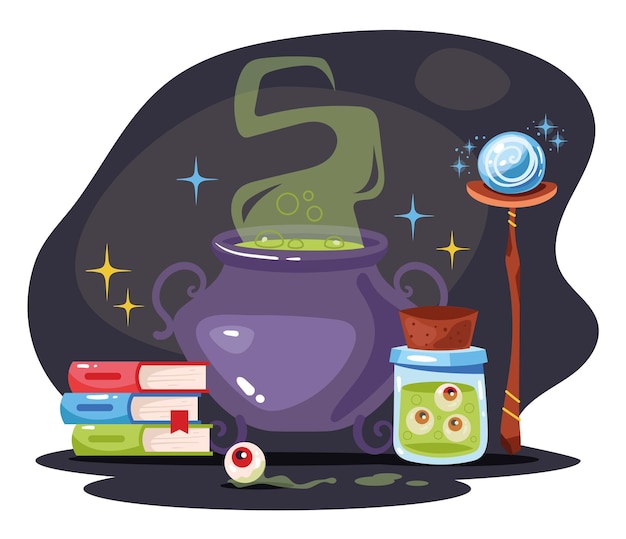 Magic poison prepare in boiled pot concept flat graphic design illustration