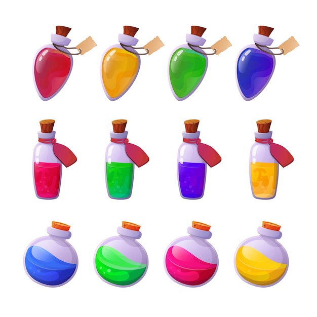 Magic potion Cartoon game interface elements alchemist bottles with elixir