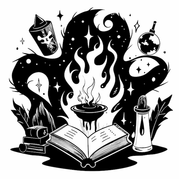 Magic Potion Preparation with Open Book and Mystical Symbols in Monochrome Illustration