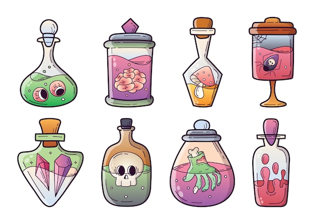 Magic Potion Spell Jar Bottles Witchcraft Halloween Vector Clipart Illustration