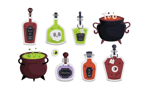 Magic Potion Spell Jar Bottles Witchcraft Halloween Vector Clipart Illustration