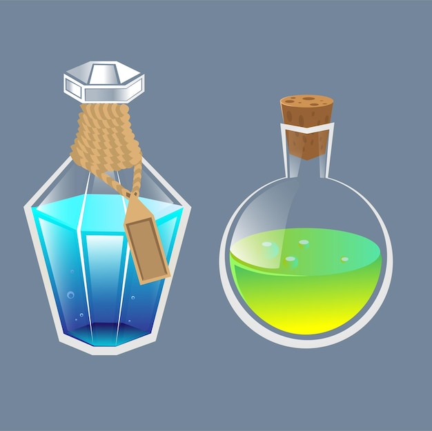 Magic potion vials set Glass flasks with yellow pink elixir for game mechanics and interface