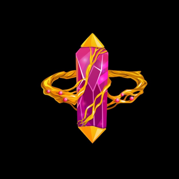 Magic ring with pink gemstone, vector fantasy jewelry. Wizard or witch gold jewel with precious gem and golden roots twine diamond, ruby or crystal. Isolated cartoon design element for computer game