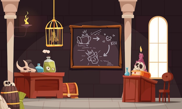 Magic school composition with indoor interior view of fantasy class with skulls candles and potion jars