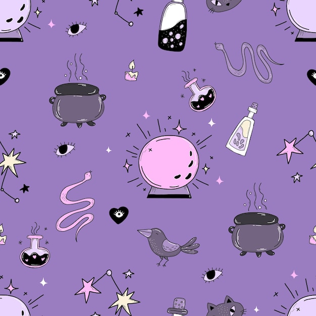 Magic seamless pattern Witchcraft and witch amulet on purple background with magic bottles