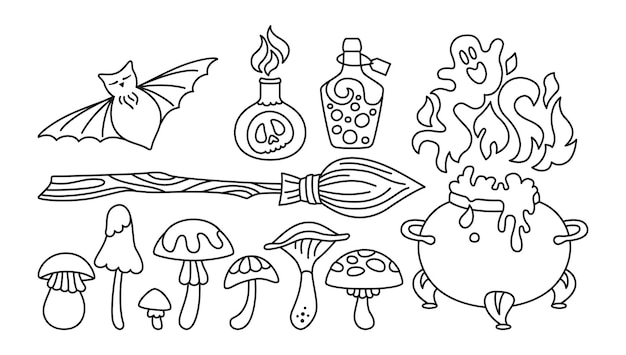 magic set halloween doodle witch elements hag cauldron bat toxic wizard broom comic party