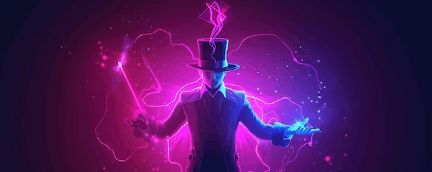 Vector magic show neonlit magician top hat and wand illusion performance neon style vector illustration flat style