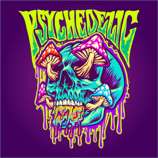 Magic skull psychedelic mushrooms melting Trippy Colour Illustrations