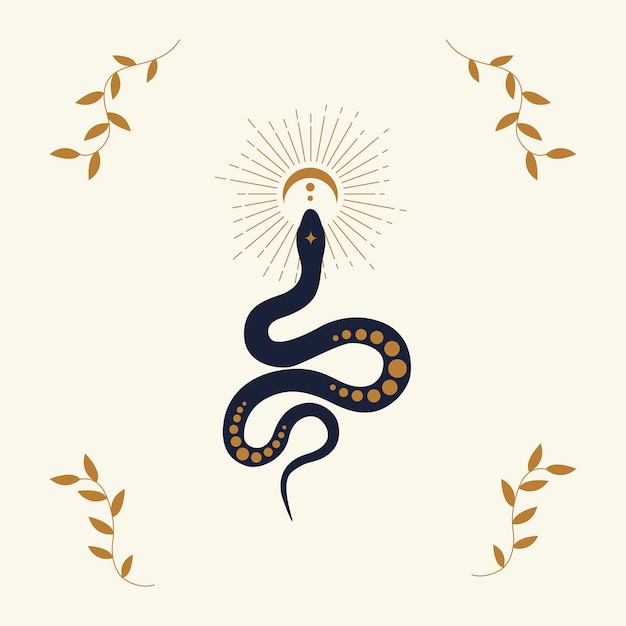 Magic snake with moon star and crescents Mystical symbols in a trendy minimalist style on a light background Cosmic minimalistic scene with snake branch celestial bodies