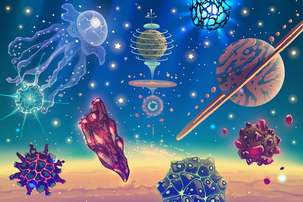 Magic space landscape with fantasy planets, stars, sun, galaxies, asteroids over deep blue cosmic sky