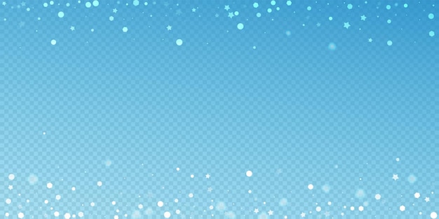 Magic stars random Christmas background. Subtle flying snow flakes and stars on blue transparent background. Amusing winter silver snowflake overlay template. Rare vector illustration.