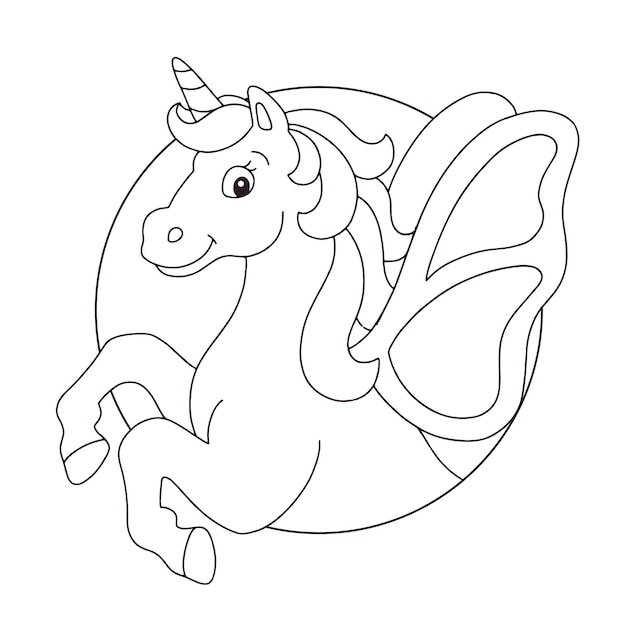 Magic unicorn Fairy horse Coloring book page for kids Cartoon style character