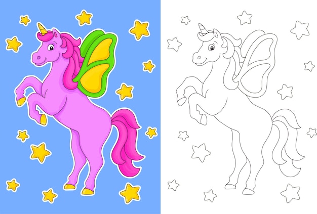 Magic unicorn Fairy horse Coloring book page for kids Cartoon style character