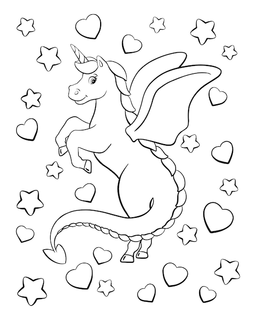 Magic unicorn Fairy horse Coloring book page for kids Cartoon style character