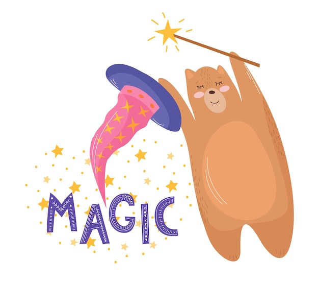 Magic Vector poster calligraphy with phrase and abstract decor Handdrawn brush elements in soft palette Isolated typography motivational card Design lettering for tshirt sticker print Bear magic wand