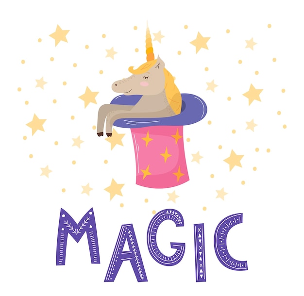 Magic Vector poster calligraphy with phrase and abstract decor Handdrawn brush elements in soft palette Isolated typography motivational card Design lettering for tshirt sticker print Cute unicorn