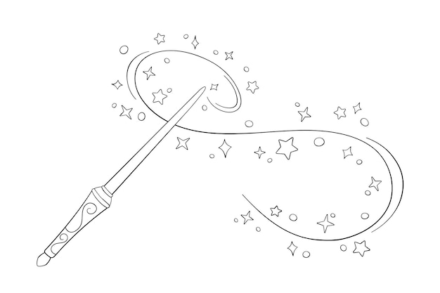 Magic wand in doodle style vector illustration Shiny stick for print and design Magician spell