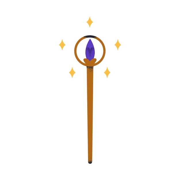 Magic wand, esoteric stick and stars. Mysterious occult sacred supernatural symbol with crystal. Sorcery, mysticism, mystery, enigma concept. Flat vector illustration isolated on white background.