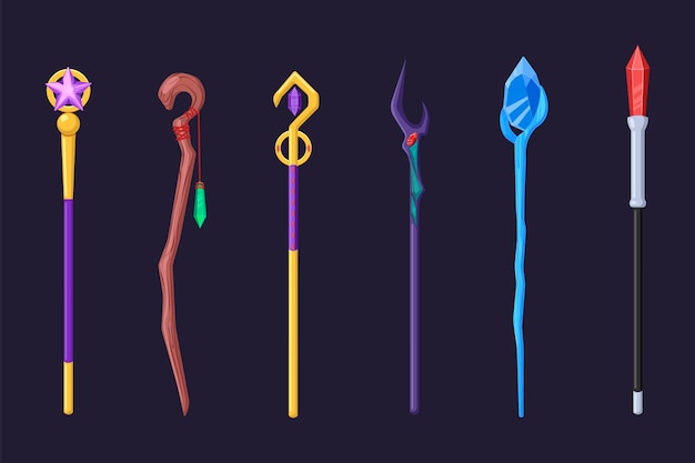 Magic wands on dark background cartoon illustration set. Wooden sticks with glowing gems or crystals on top for witch or wizard. Magicians staff, fantasy game, weapon concept