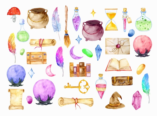 Magic Watercolor Set,  Magic Elements Illustrations isolated on white