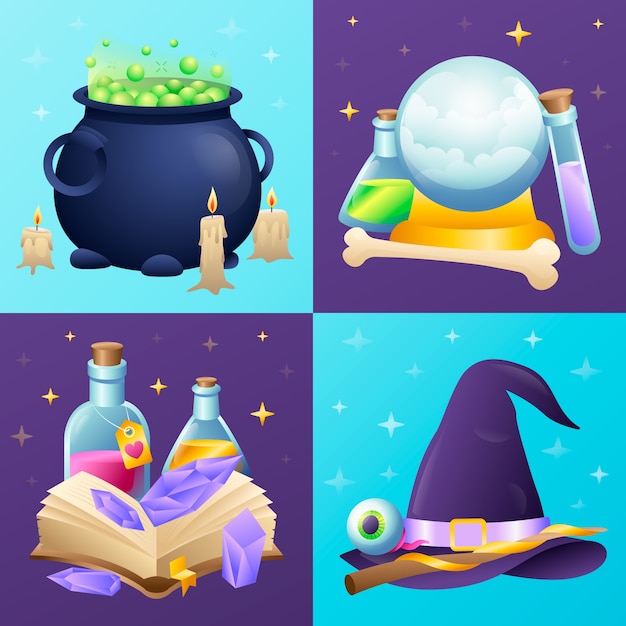 Magic and witchcraft illustrations in flat design