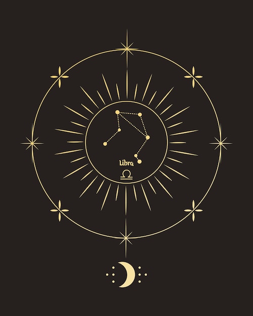 Magical astrology poster with Libra constellation, tarot card. Golden design on a black background.