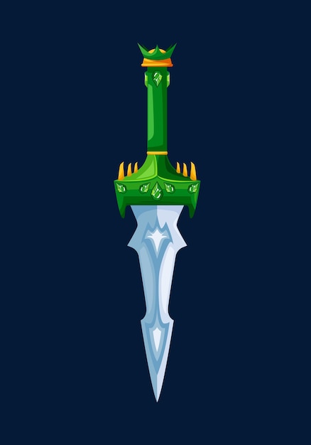 Magical cartoon steel dagger blade with green hilt. Fantasy sword, stiletto or knife decorated with precious ruby gems and dragon teeth, fairy warrior vector weapon. Game UI interface design element