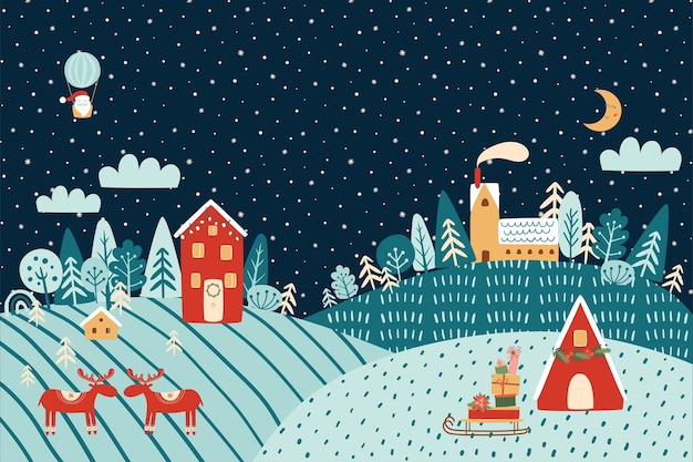 Magical christmas village Magical winter landscape Winter landscape evening hills houses forest reindeers Santa Christmas scene Christmas night background Xmas village Vector illustration