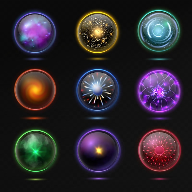 Magical crystal orbs. Glowing energy sphere and shiny lightning, spiritual round magnificent glass globe occult prediction future, magic balls 3d vector isolated set