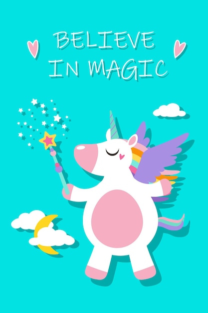 Magical cute Unicorn Template for Birthday party Invitation Card Baby Shower children prints posters Decoration Text Believe in magic EPS