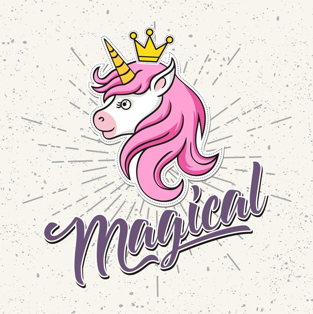 Vector magical, cute unicorn with crown