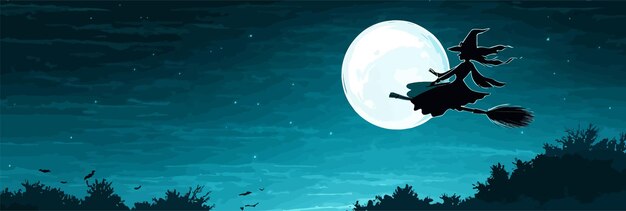 Vector magical depiction of a halloween witch soaring on a broomstick under a glowing full moon