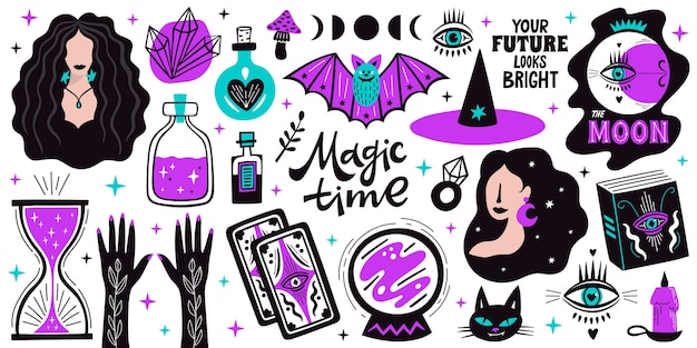 Magical doodle witch illustration icons set. Magic and witchcraft, witch esoteric alchemy elements.