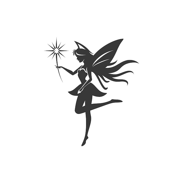 Vector magical fairy with her wand minimalist logo or symbol black color only