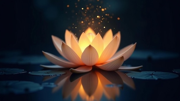 Magical glowing golden lotus in darkness