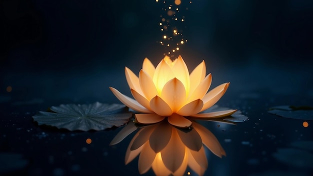 Magical glowing golden lotus in darkness